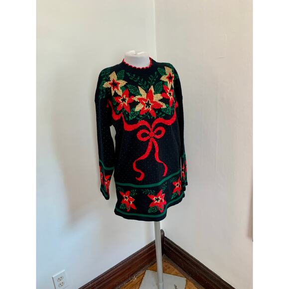 VTG Dana Scott VTG NEW Ugly Christmas Sweater Long Poinsettia Glitter 90s Tunic - Picture 10 of 11